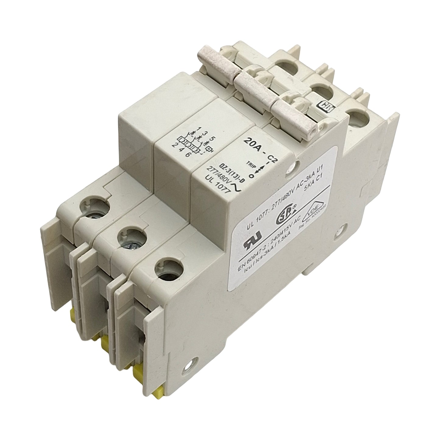 Used CDI QZ-3-13-D-2-20A Miniature Circuit Breaker, 20A, 277/480VAC, 3-Pole, DIN Rail