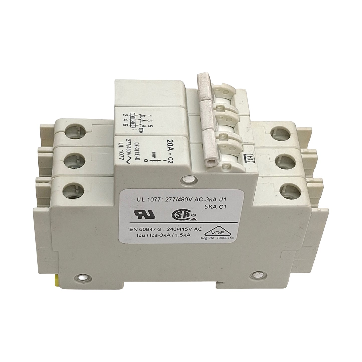 Used CDI QZ-3-13-D-2-20A Miniature Circuit Breaker, 20A, 277/480VAC, 3-Pole, DIN Rail