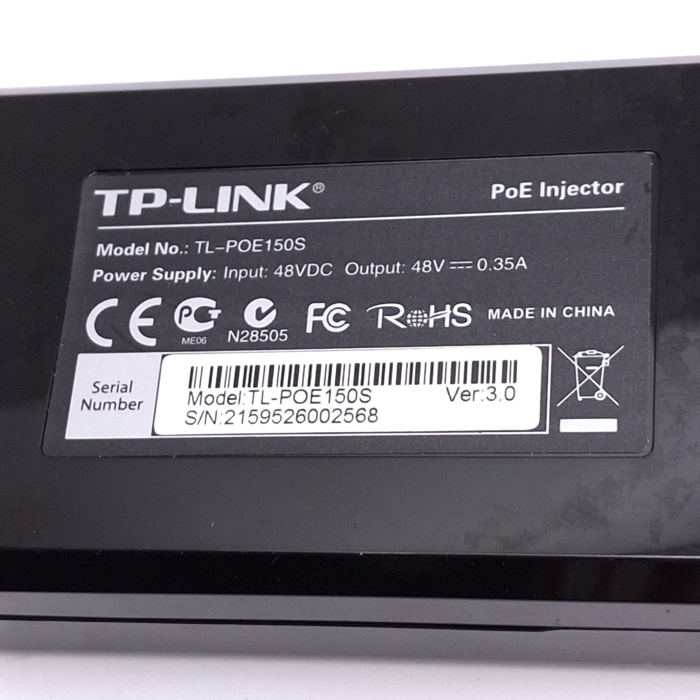 Used TP-Link TL-POE150S PoE Injector, 48VDC In, 48VDC 0.35A Out, RJ45