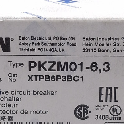 New Eaton PKZM01-6,3 Motor-Protective Circuit Breaker, 3-Pole, 4-6.3A Range, 400VAC