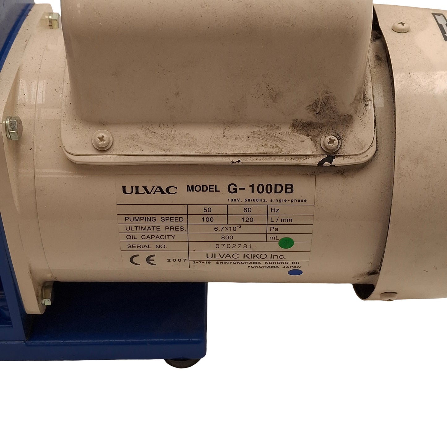 Used ULVAC G-100DB Rotary Vane Vacuum Pump, 1200L/Min, 0.67Pa, 100-240VAC 1-Phase
