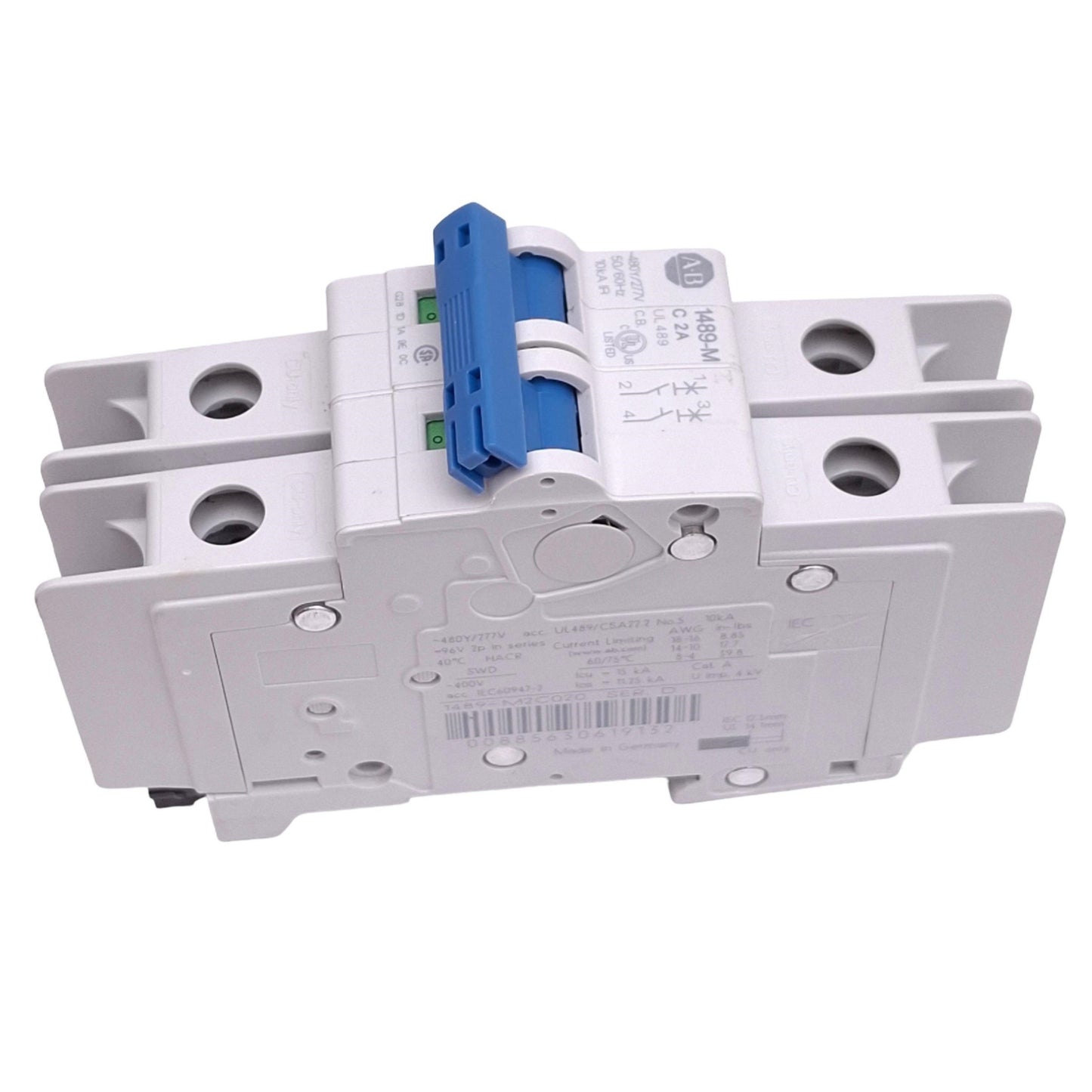 Used Allen Bradley 1489-M2C020 Circuit Breaker, 2-Pole 2A, 480Y/277VAC, DIN Rail