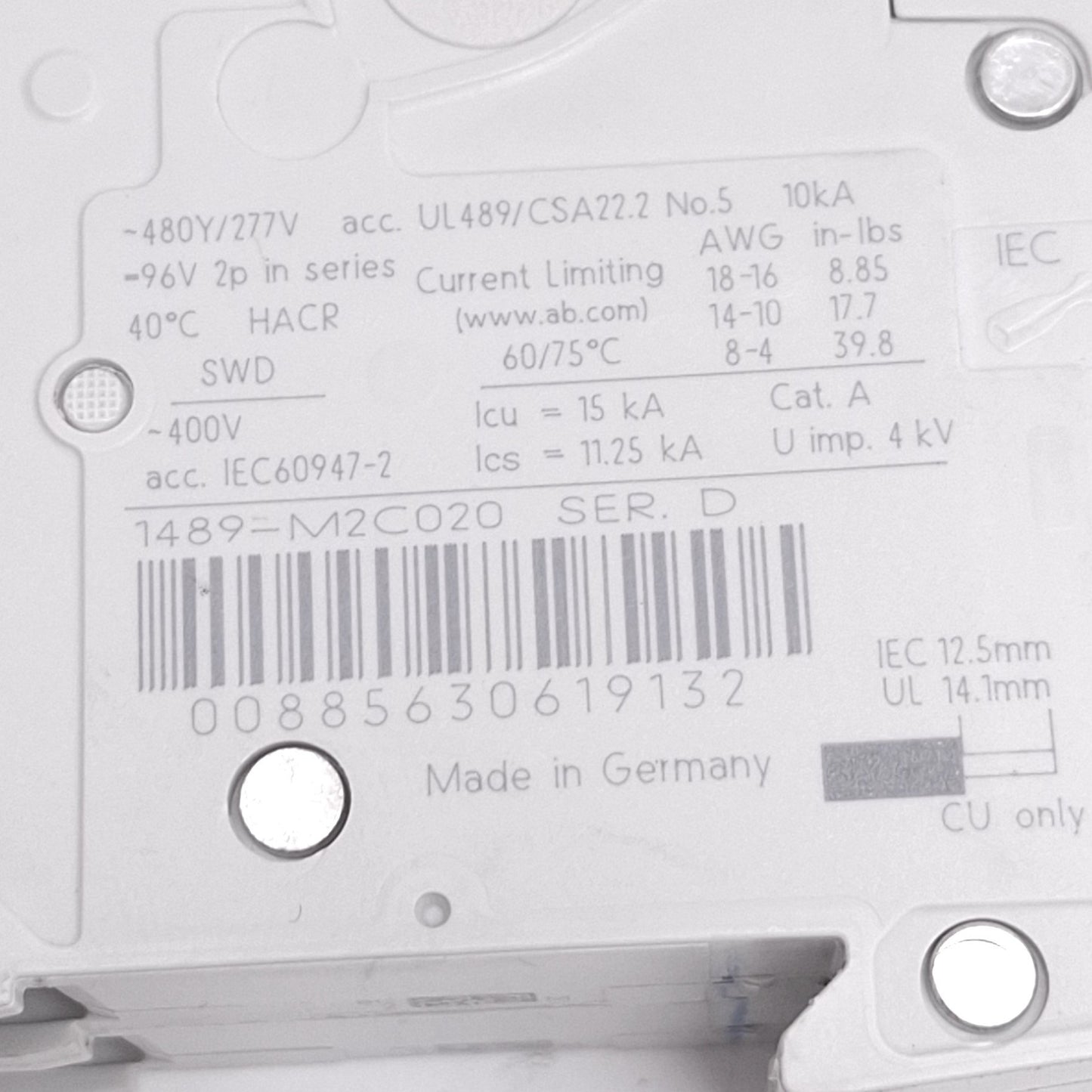 Used Allen Bradley 1489-M2C020 Circuit Breaker, 2-Pole 2A, 480Y/277VAC, DIN Rail