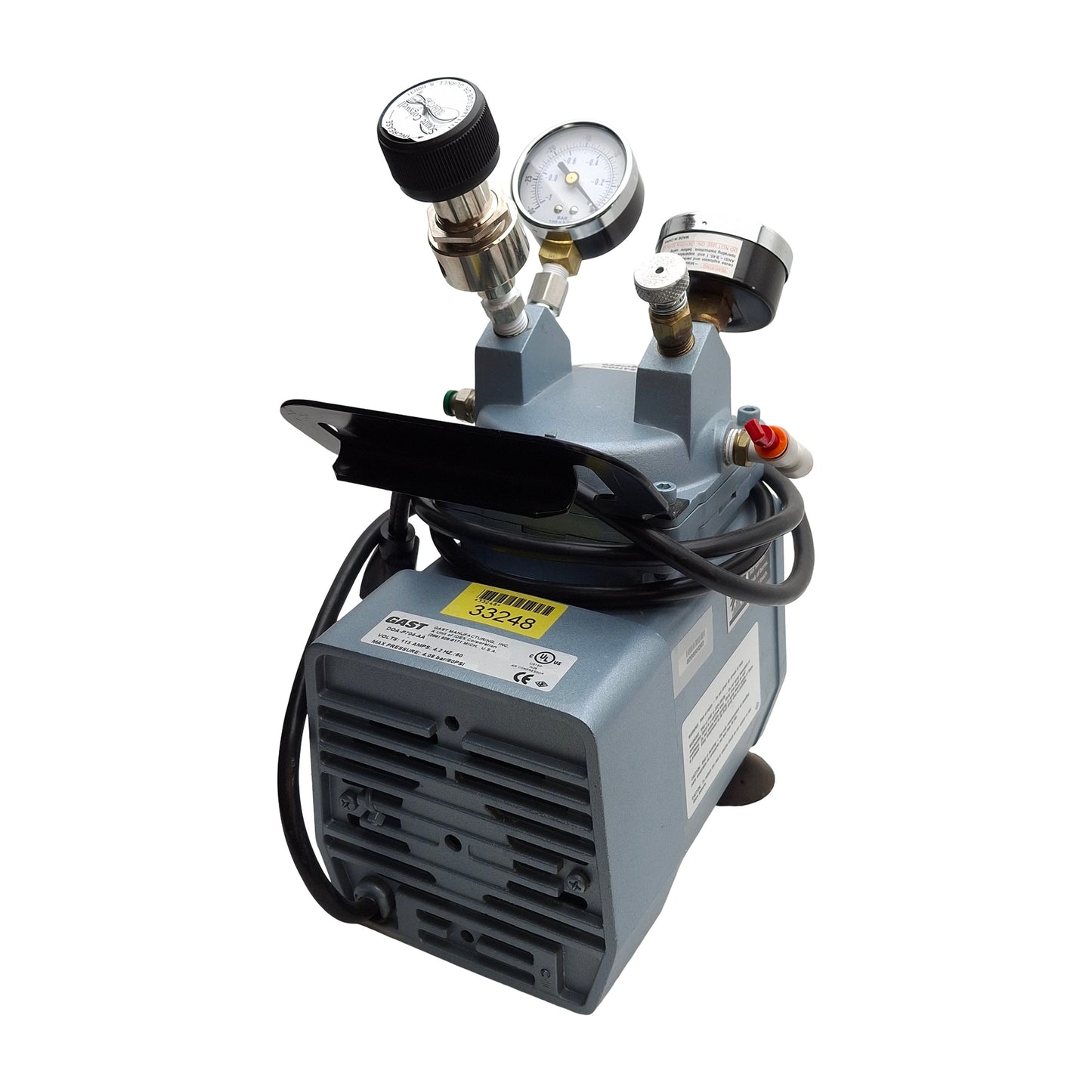 Used Gast DOA-P704-AA Compressor/Vacuum Pump 115VAC, 60psi Max, 3/8 NPT, *FEET*