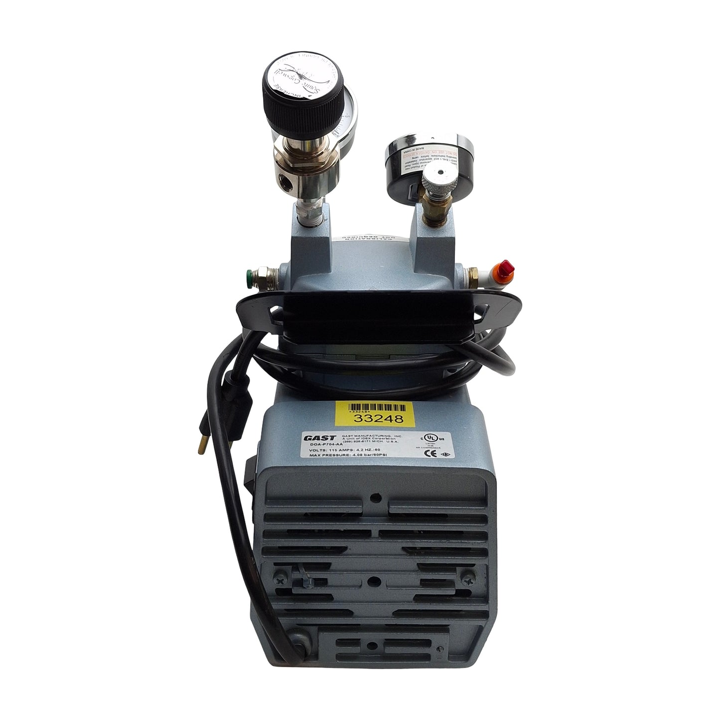 Used Gast DOA-P704-AA Compressor/Vacuum Pump 115VAC, 60psi Max, 3/8 NPT, *FEET*