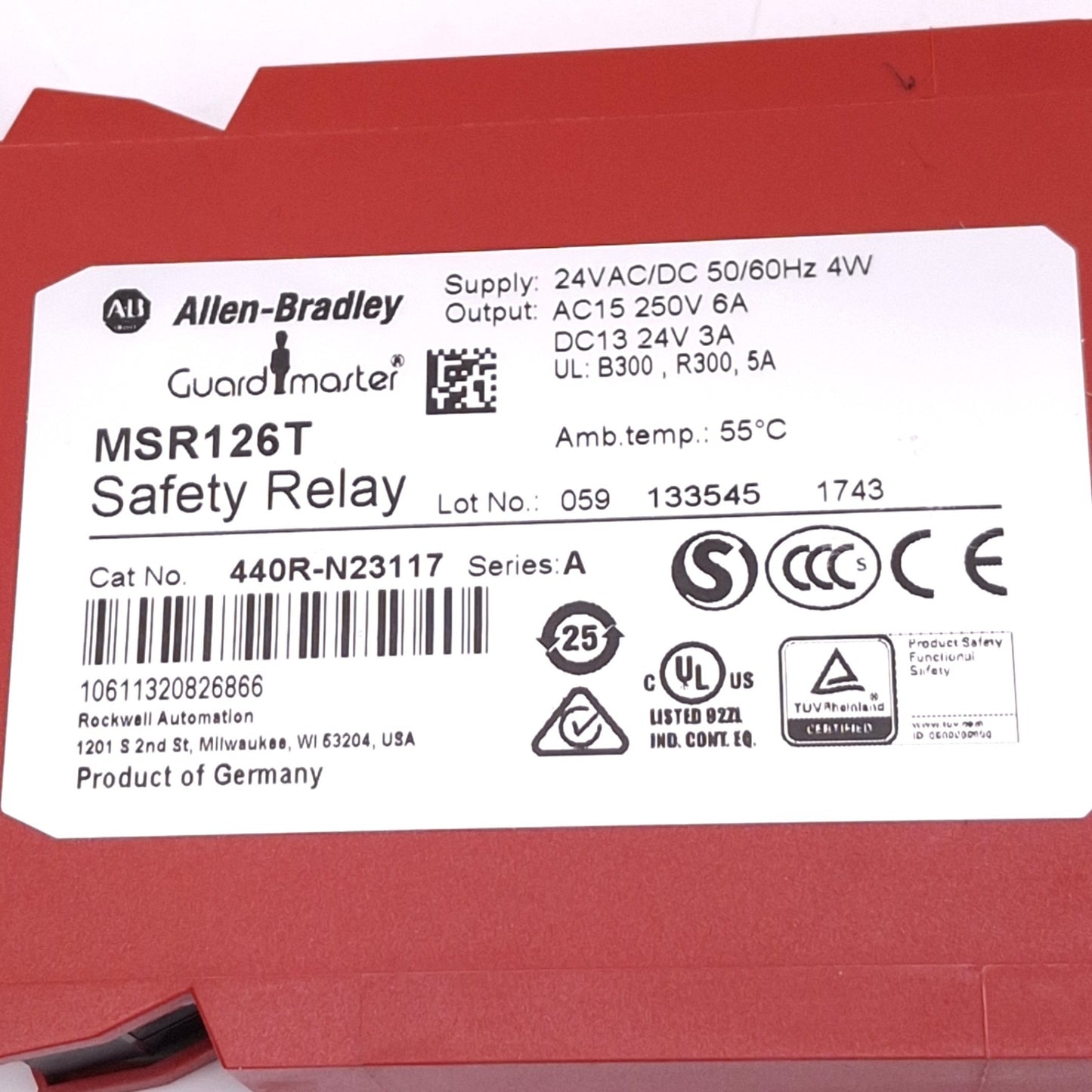 Used Allen Bradley 440R-N23117 MSR126T Guardmaster Safety Relay, OSSD, 2NO, 24VAC/DC