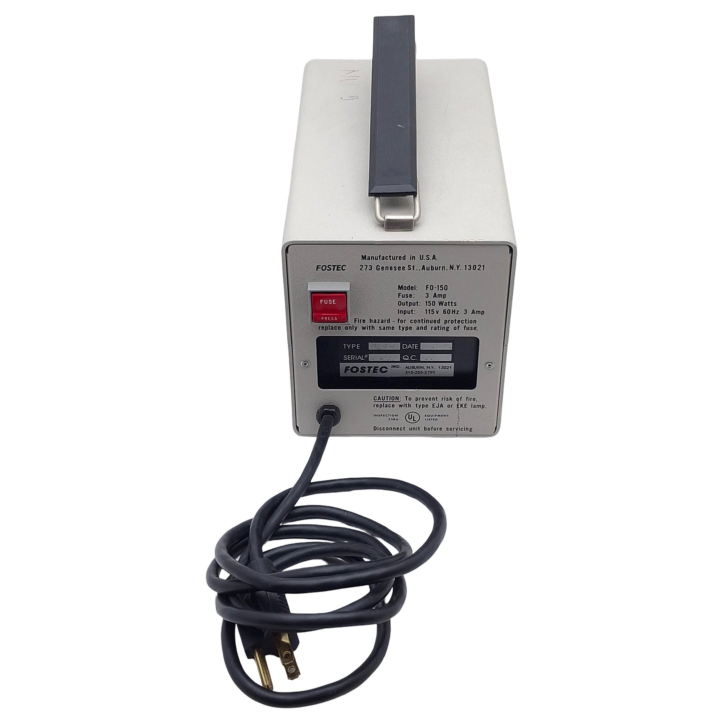 Used Fostec FO-150 Fiber Optic Illuminator, ø16mm Port, 150W, 115VAC, 3A Fuse