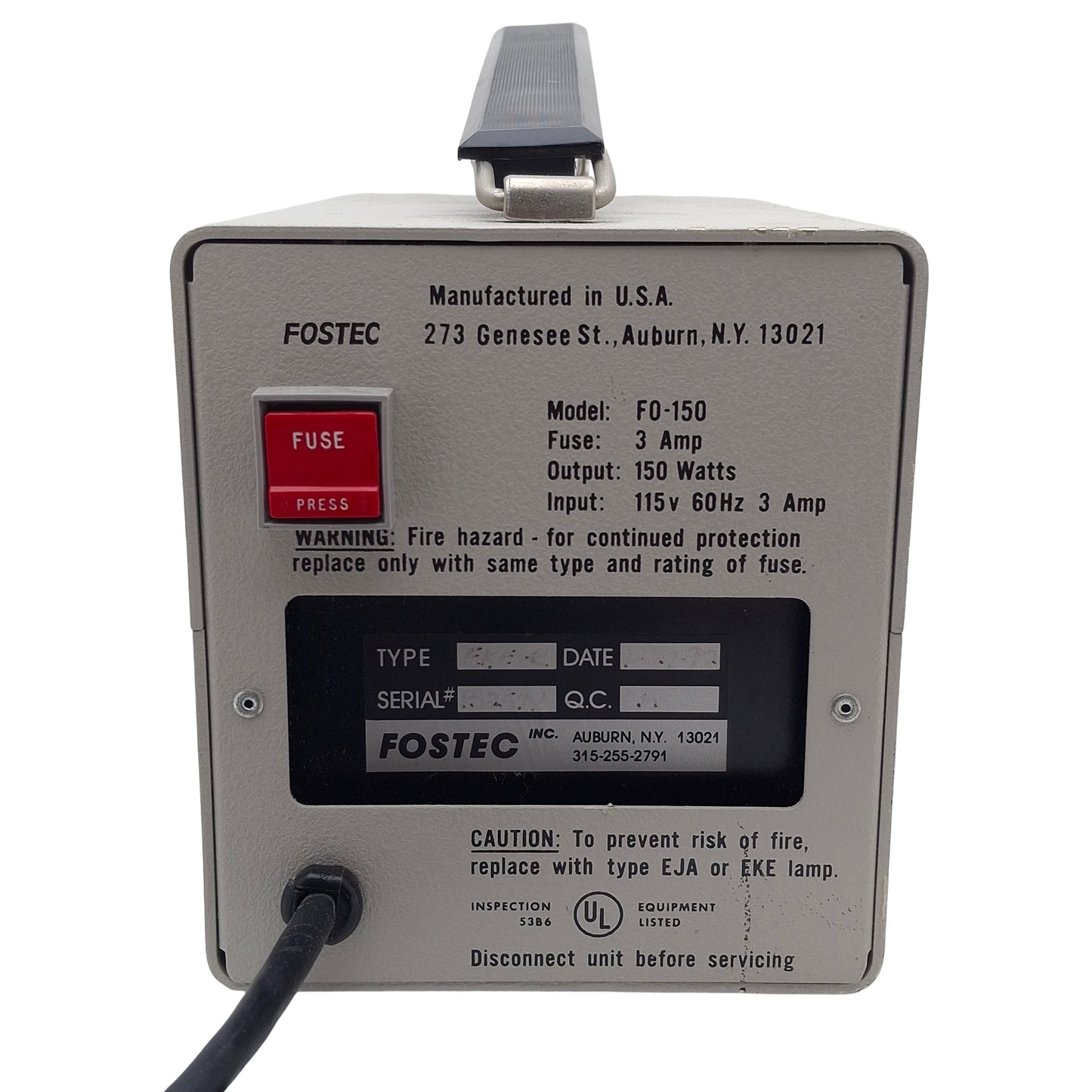 Used Fostec FO-150 Fiber Optic Illuminator, ø16mm Port, 150W, 115VAC, 3A Fuse