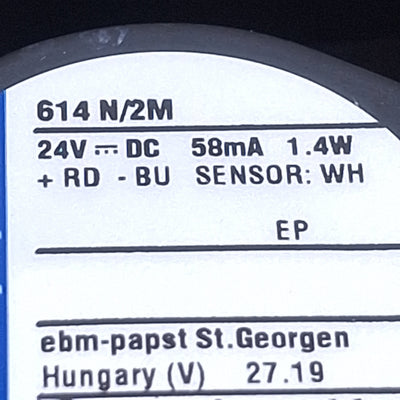 New Ebmpapst 614N/2M Compact Axial Fan w/Tach 60x60x25mm, 24VDC, 4100RPM