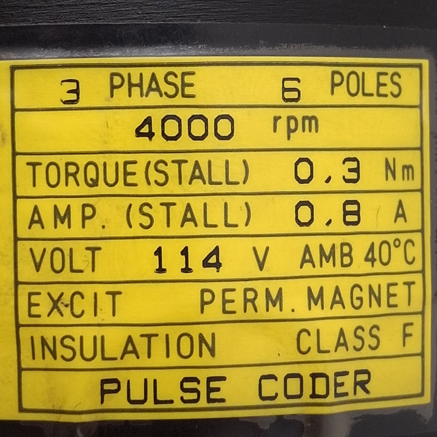Used Fanuc A06B-0367-B355#0002 4-0F Servo Motor, 6-Pole, 3Ø 114VAC 0.8A, 4000rpm