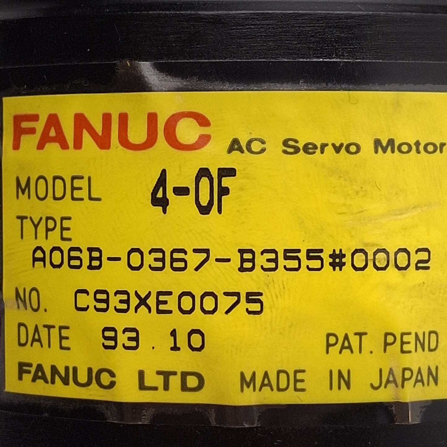 Used Fanuc A06B-0367-B355#0002 4-0F Servo Motor, 6-Pole, 3Ø 114VAC 0.8A, 4000rpm