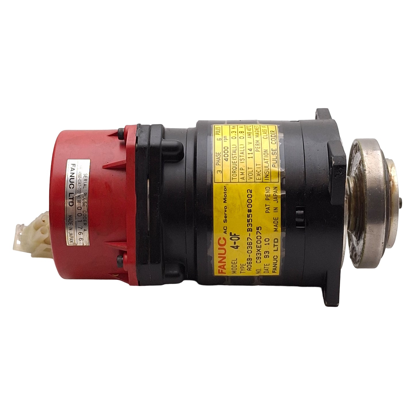 Used Fanuc A06B-0367-B355#0002 4-0F Servo Motor, 6-Pole, 3Ø 114VAC 0.8A, 4000rpm