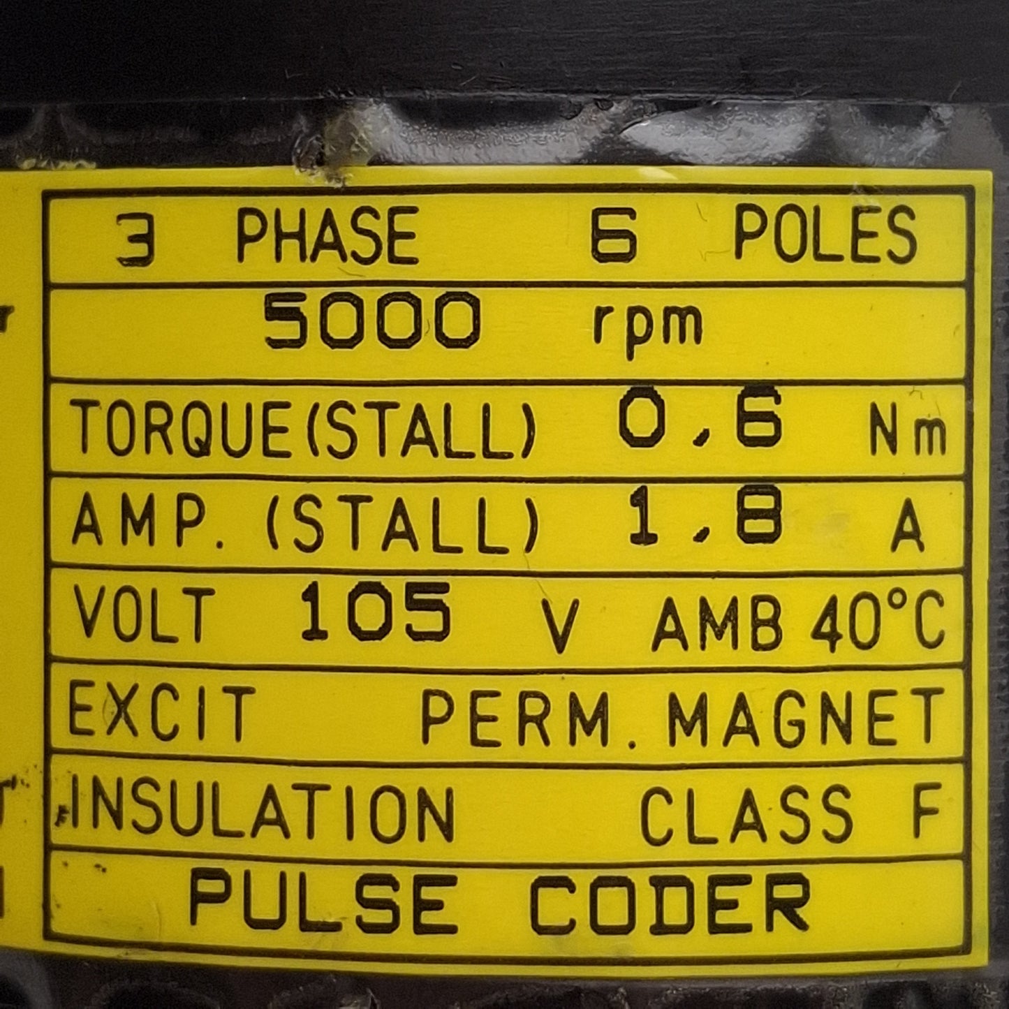 Used Fanuc A06B-0369-B355#0002 3-0F Servo Motor, 6-Pole, 3Ø 105VAC 1.8A, 5000rpm