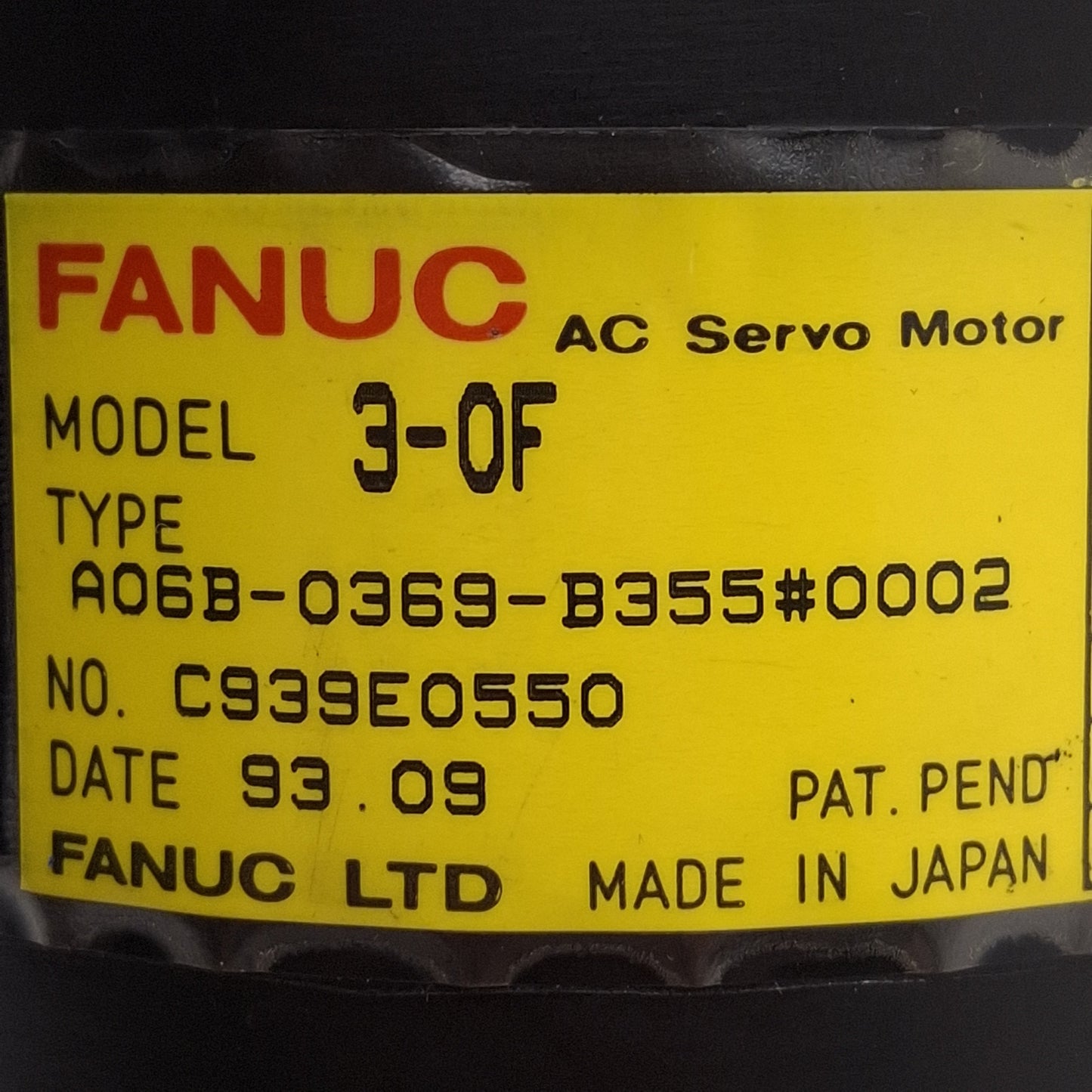 Used Fanuc A06B-0369-B355#0002 3-0F Servo Motor, 6-Pole, 3Ø 105VAC 1.8A, 5000rpm