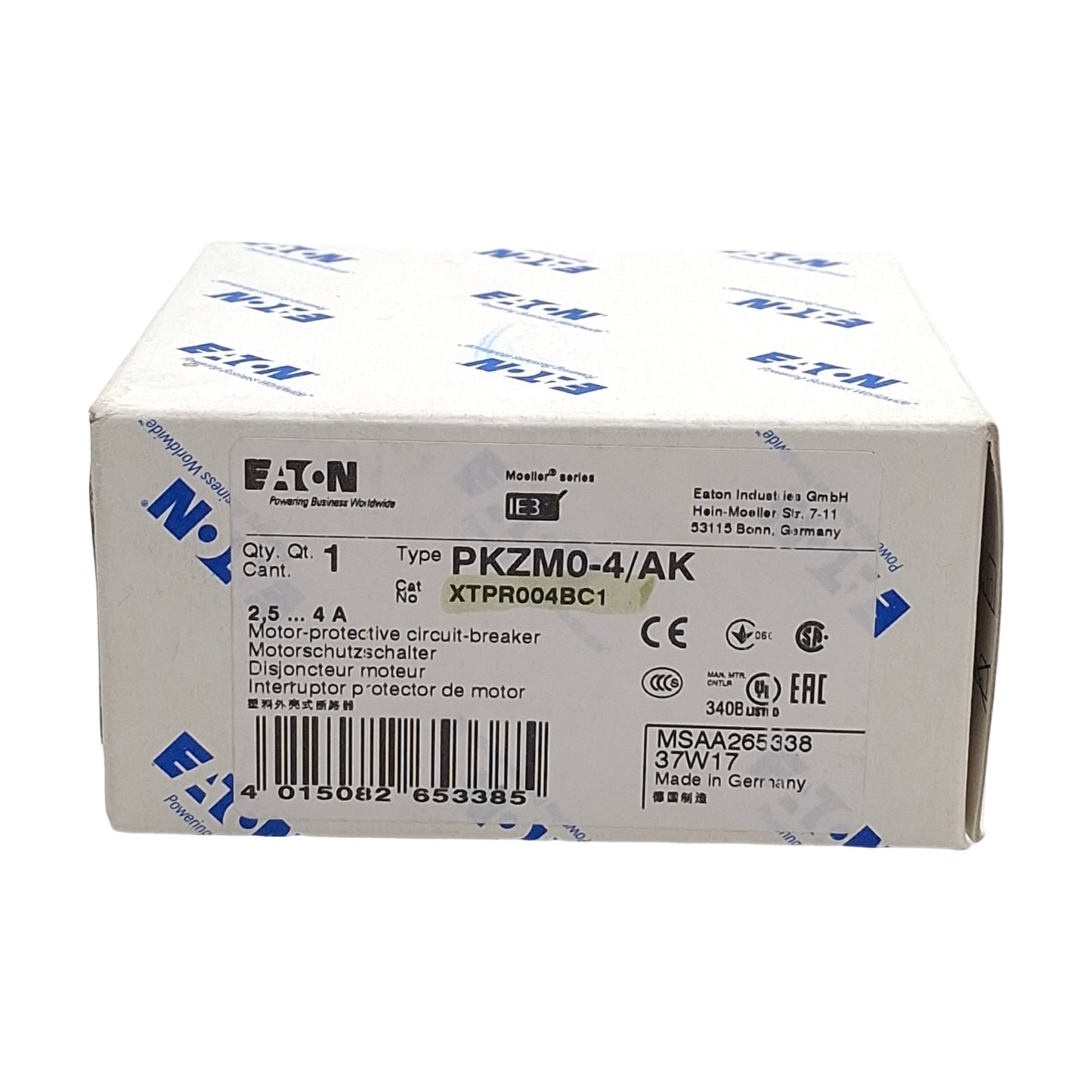 New Eaton PKZM0-4/AK XTPR004BC1 Motor Protective Circuit Breaker, 3-Pole, 2.5-4A