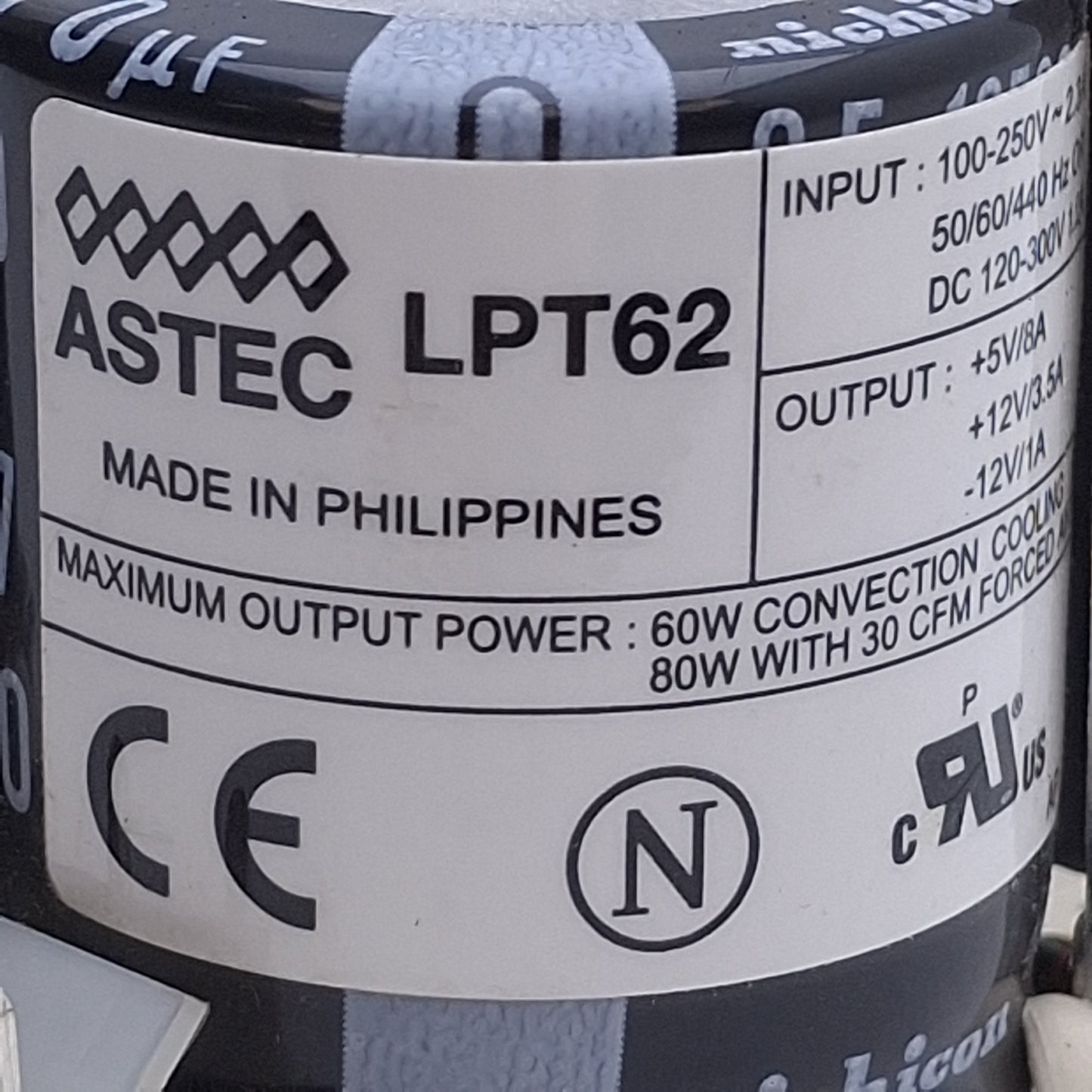 Used Astec LPT62 Power Supply, 60-80W, 85-264VAC/120-300VDC Input, 5VDC/15VDC Output