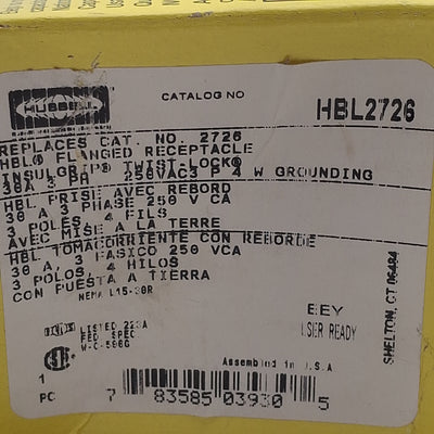 New Hubbell HBL2726 Twist Lock Flanged Receptacle 3-Pole 4-Wire, 30A 250VAC, L15-30R