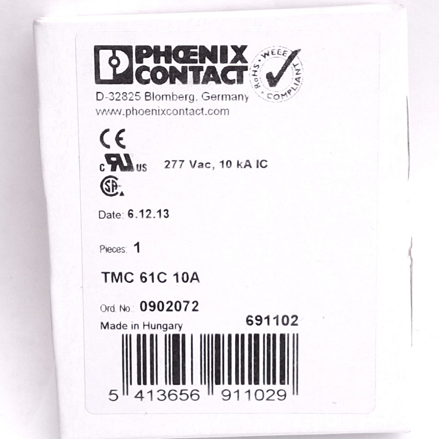 New Phoenix Contact 0902072 TMC61C10A Circuit Breaker, 1-Pole 10A, 277VAC, DIN Rail