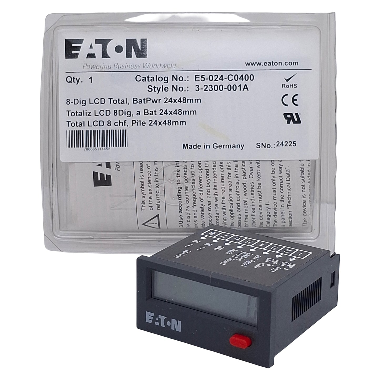 New Eaton E5-024-C0400 LCD Display Counter/Totalizer, PNP/NPN, 8-Digit, 1/32 DIN