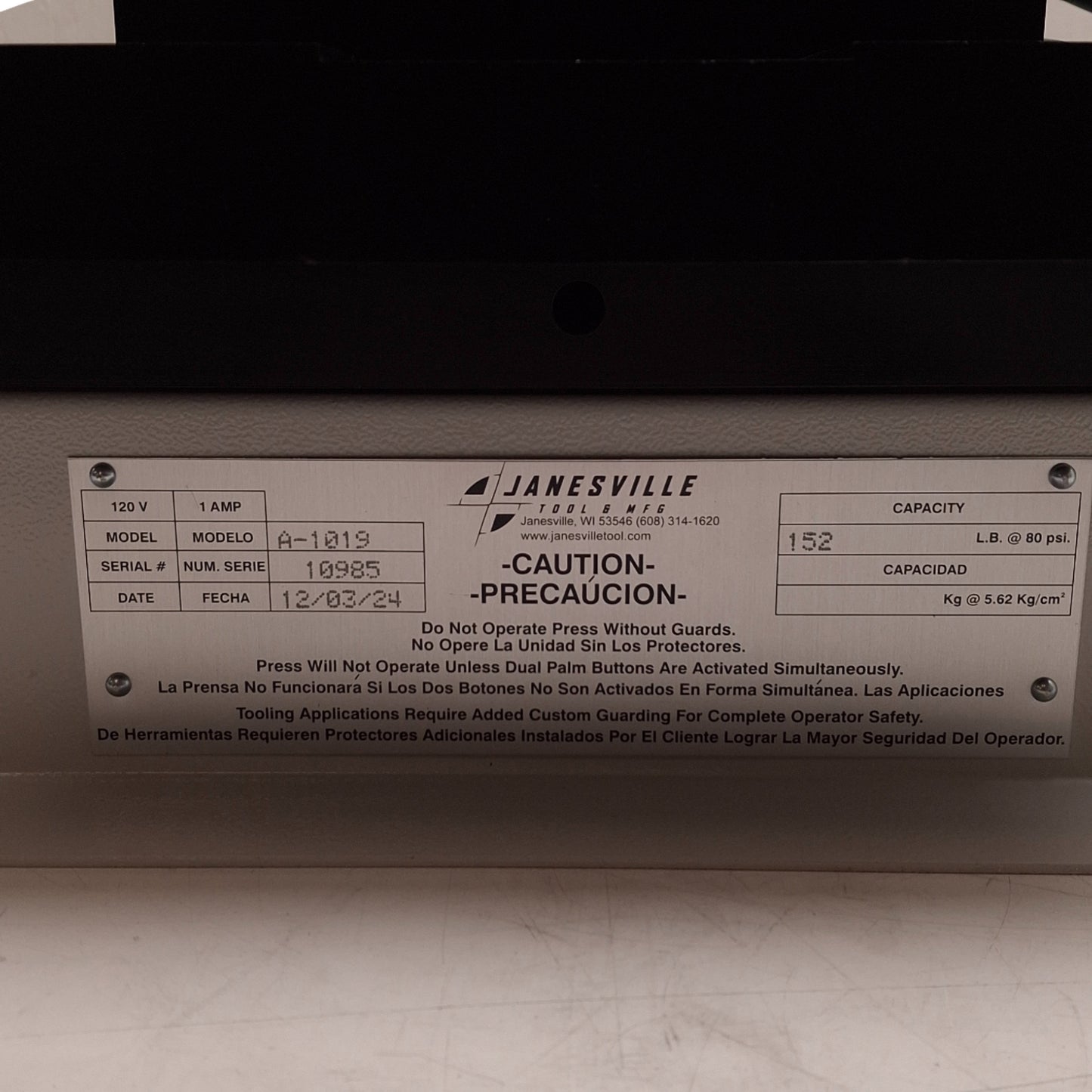 New – Open box Janesville A-1019 Precision Pneumatic Press, 3in Stroke, 152lb Cap, *See Desc*