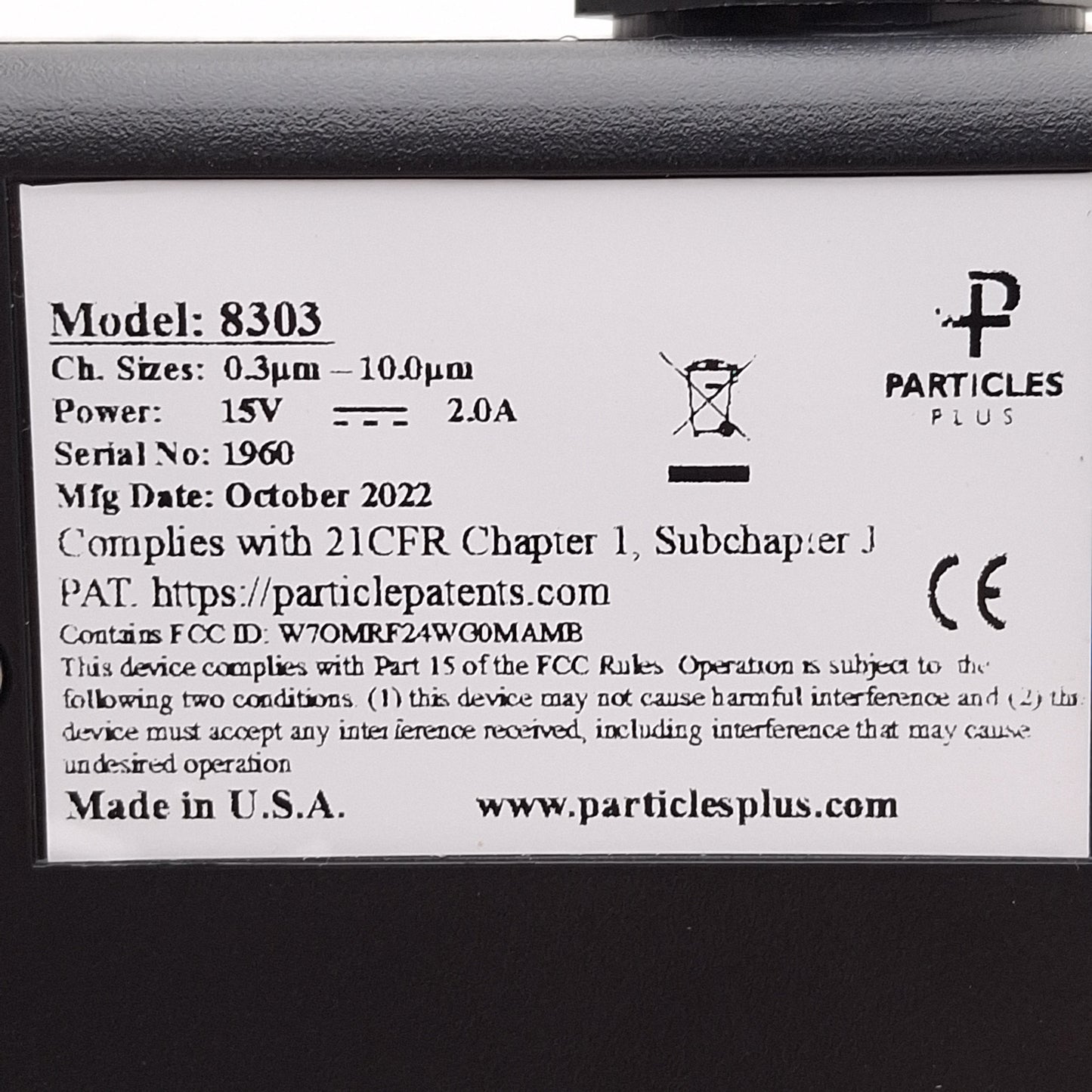 Used Particles Plus 8303 Handheld Particle Counter, 3-Channel 0.3-25µm @ 0.1cfm 15VDC