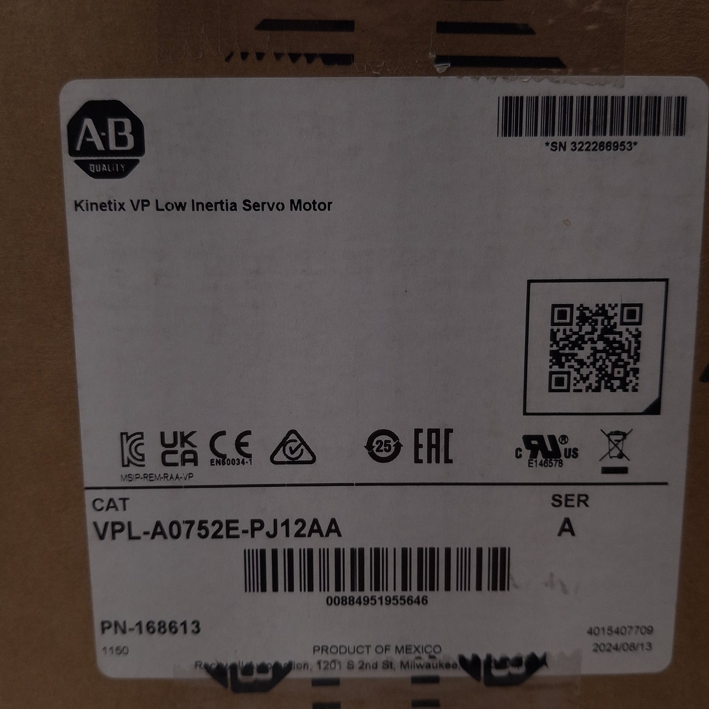 New Allen Bradley VPL-A0752E-PJ12AA Kinetix Inverter Duty AC Servo Motor, 240VAC 3PH