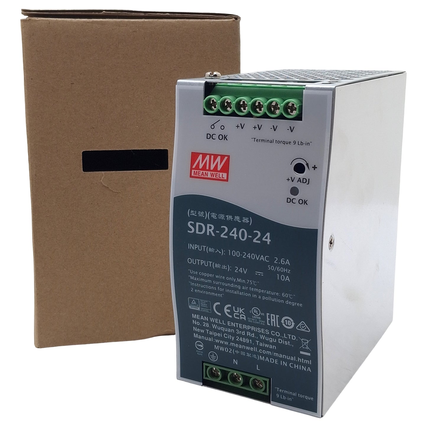 New Mean Well SDR-240-24 Power Supply, 100-240VAC In, 10A 24VDC Out, DIN Rail
