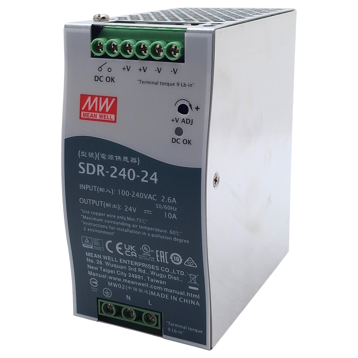 New Mean Well SDR-240-24 Power Supply, 100-240VAC In, 10A 24VDC Out, DIN Rail