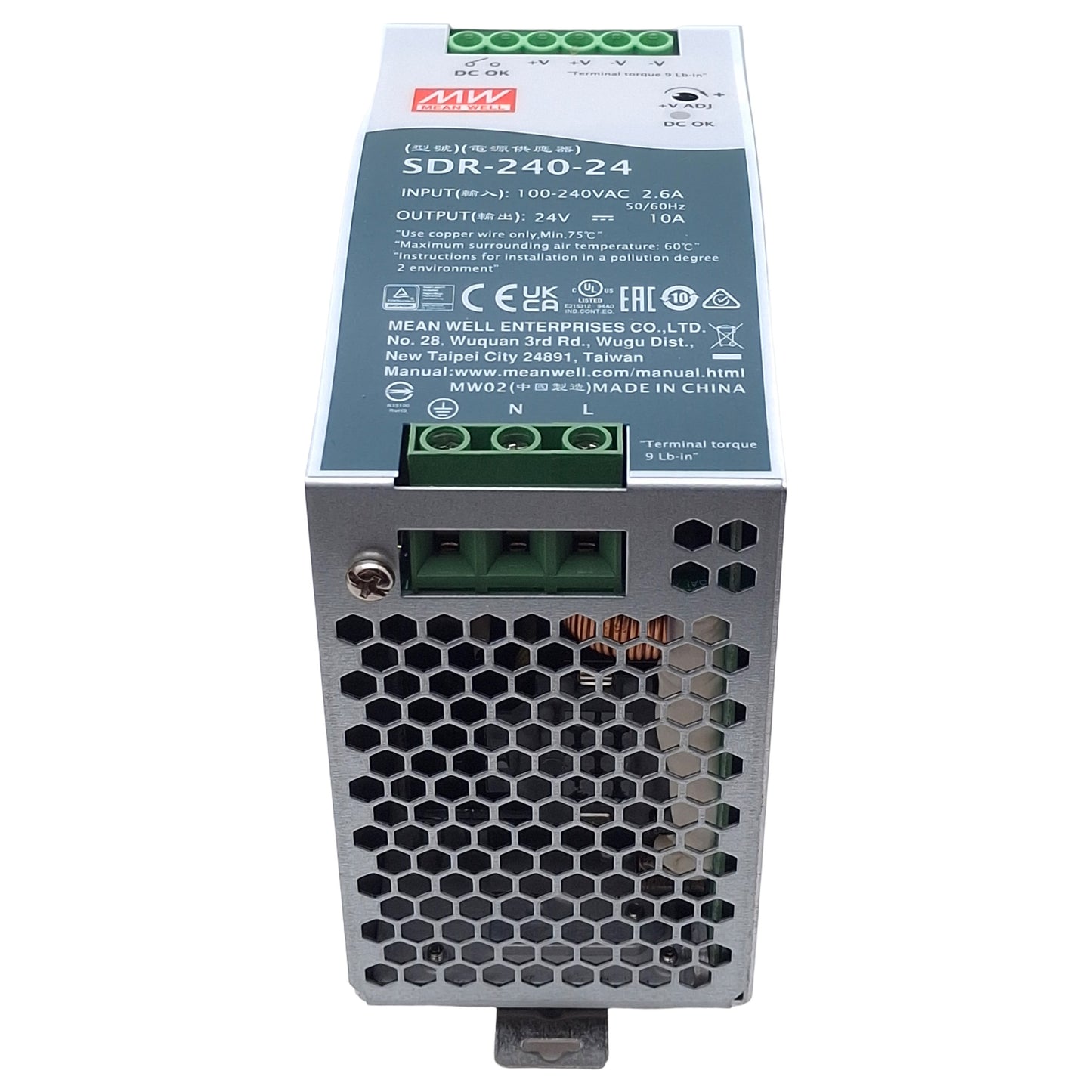New Mean Well SDR-240-24 Power Supply, 100-240VAC In, 10A 24VDC Out, DIN Rail