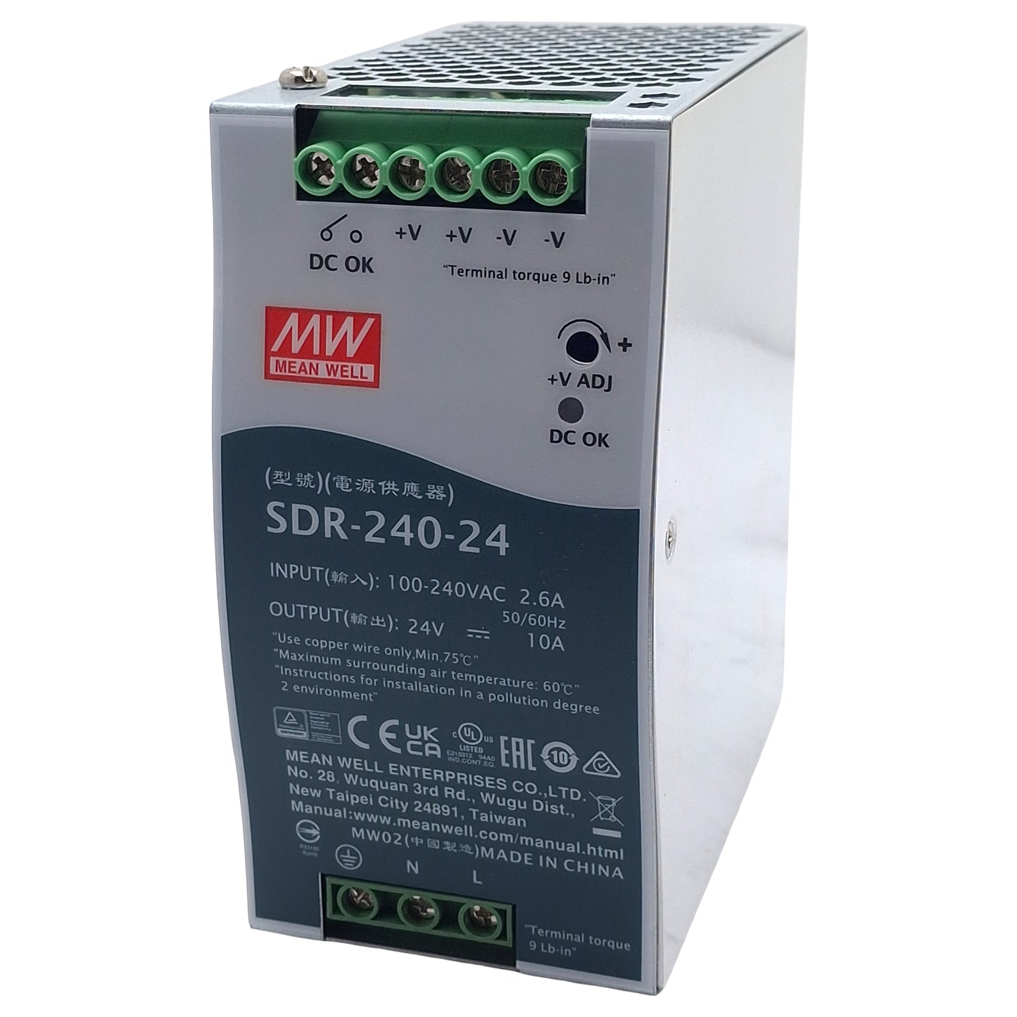 New – Open box Mean Well SDR-240-24 Power Supply, 100-240VAC In, 24VDC 10A Out, DIN Rail