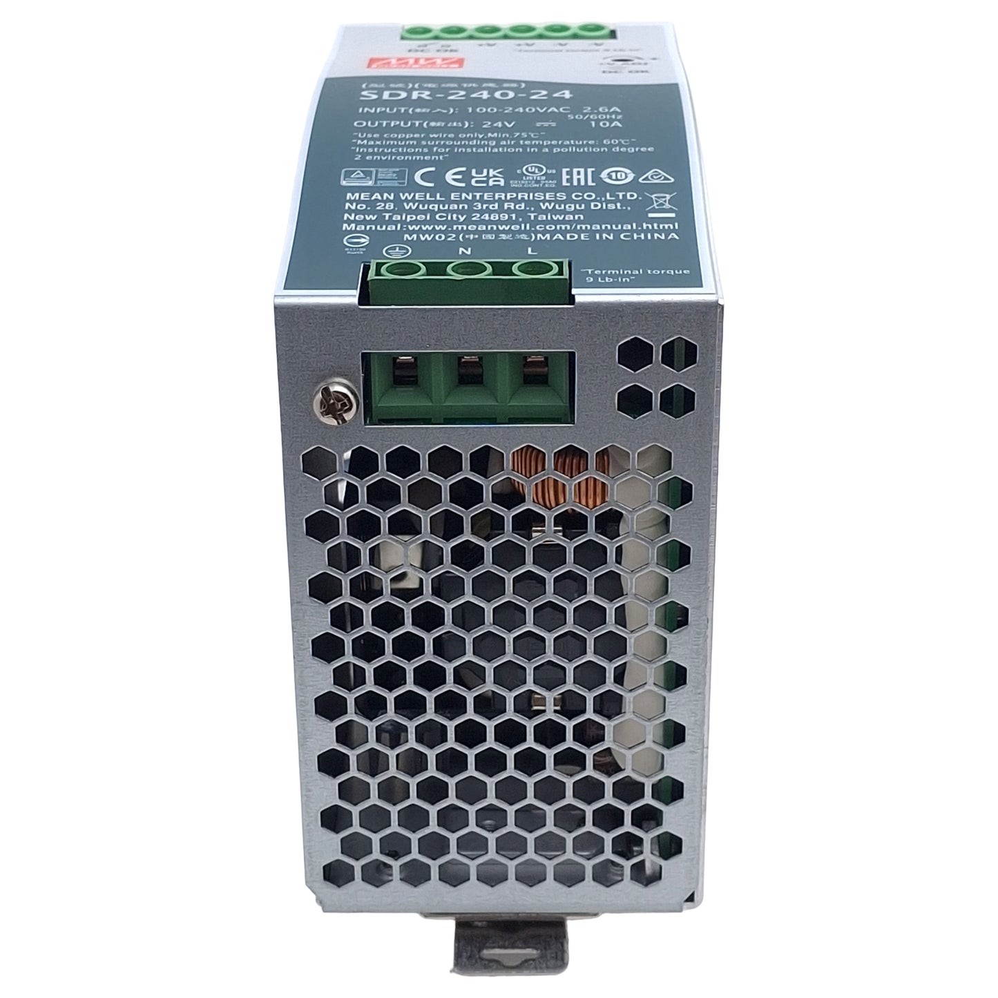New – Open box Mean Well SDR-240-24 Power Supply, 100-240VAC In, 24VDC 10A Out, DIN Rail