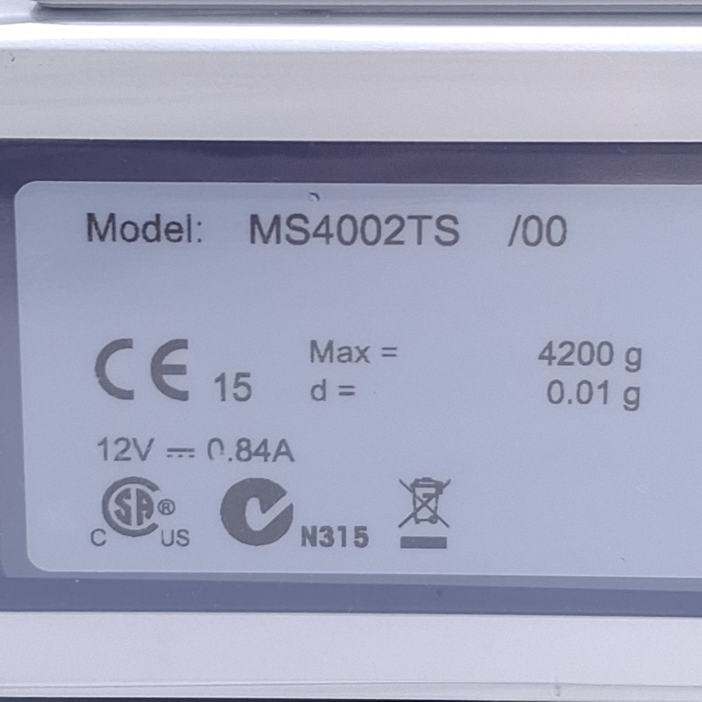 Used Mettler Toledo MS4002TS/00 Precision Balance, 4.2kg Capacity, 12VDC, 200x179mm