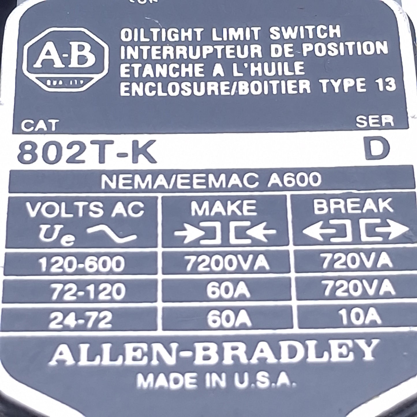 Used Allen Bradley 802T-K Oil Tight Roller Wheel Limit Switch 1NO+1NC, 600VAC 10A
