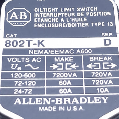 Used Allen Bradley 802T-K Oil Tight Roller Wheel Limit Switch 1NO+1NC, 600VAC 10A