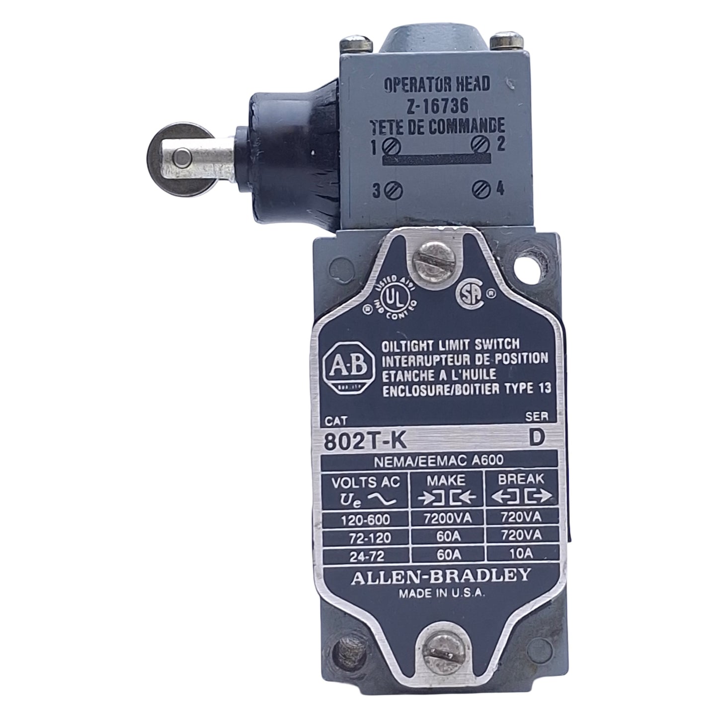 Used Allen Bradley 802T-K Oil Tight Roller Wheel Limit Switch 1NO+1NC, 600VAC 10A