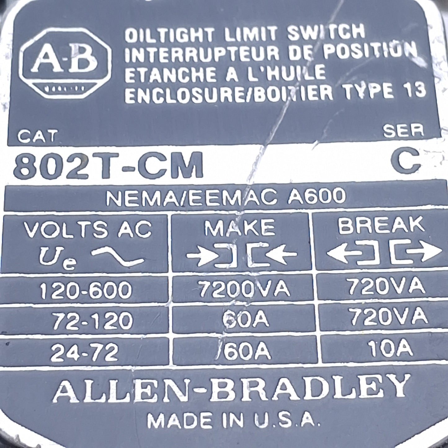 Used Allen Bradley 802T-CM Oil Tight Maintained Push Rod Limit Switch 1NO+1NC, 600VAC