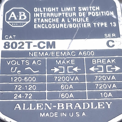 Used Allen Bradley 802T-CM Oil Tight Maintained Push Rod Limit Switch 1NO+1NC, 600VAC