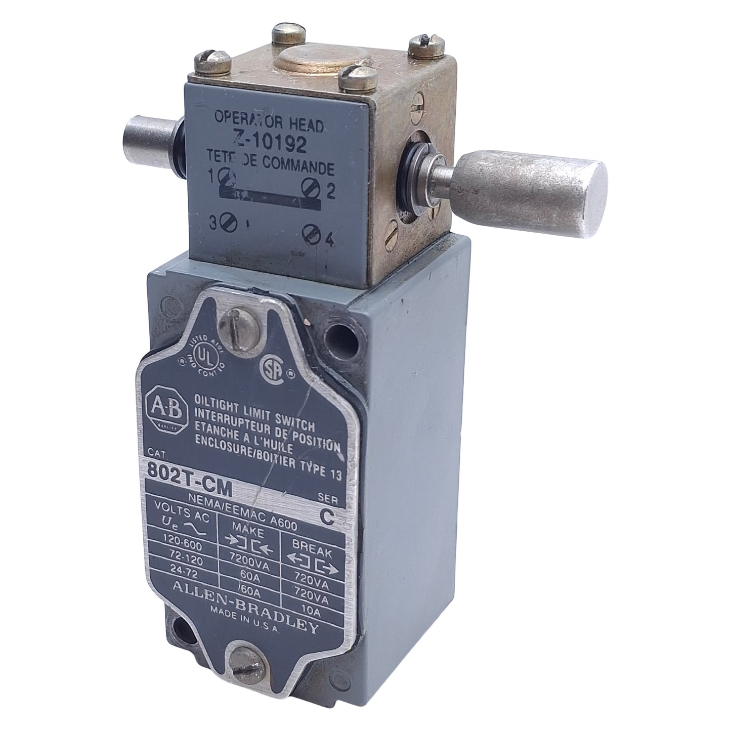 Used Allen Bradley 802T-CM Oil Tight Maintained Push Rod Limit Switch 1NO+1NC, 600VAC