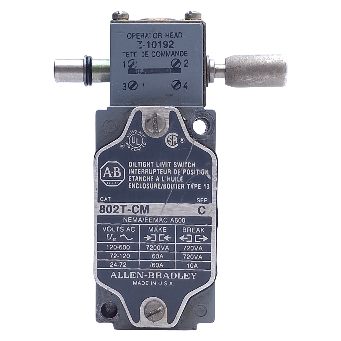 Used Allen Bradley 802T-CM Oil Tight Maintained Push Rod Limit Switch 1NO+1NC, 600VAC