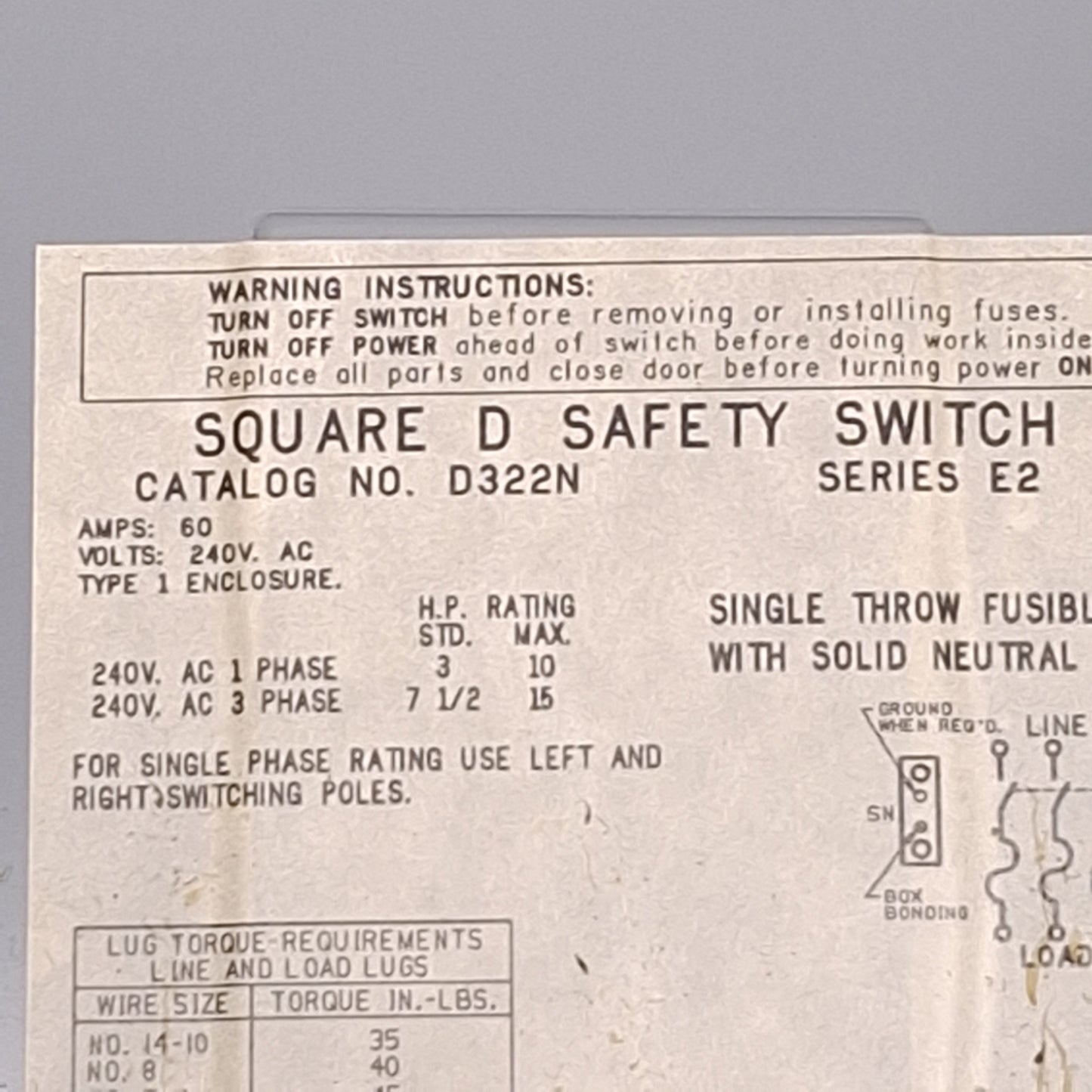 Used Square D D322N Fusible General Duty Safety Switch 3-Pole, 60A 240VAC, NEMA 1