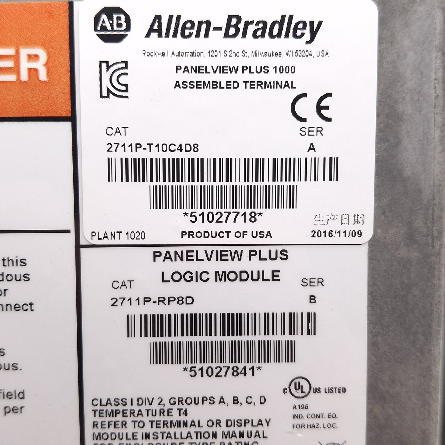 Used Allen Bradley 2711P-T10C4D8 PanelView Plus 1000 Touchscreen HMI, 10.4in, 24VDC