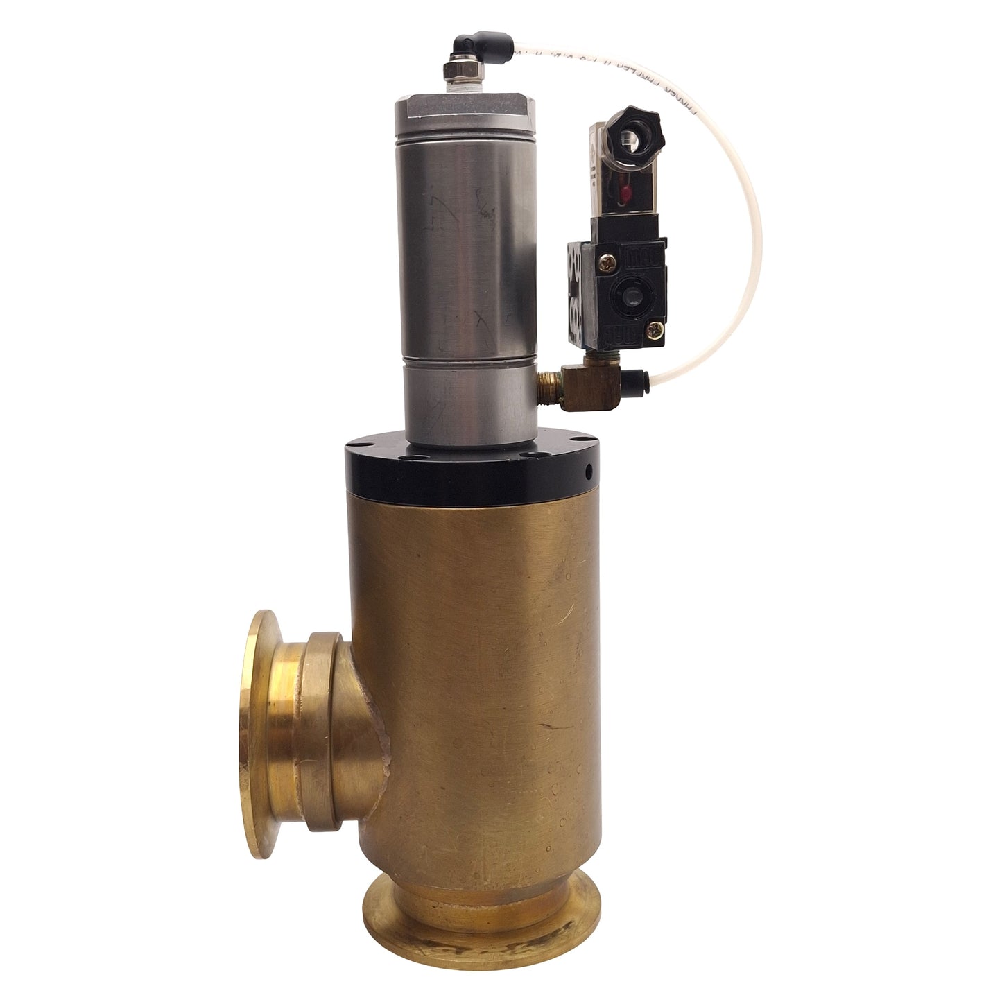 Used Key BA-200-P-K High Vacuum Brass Right Angle Valve 60-100psi, NW-50, 120VAC Coil