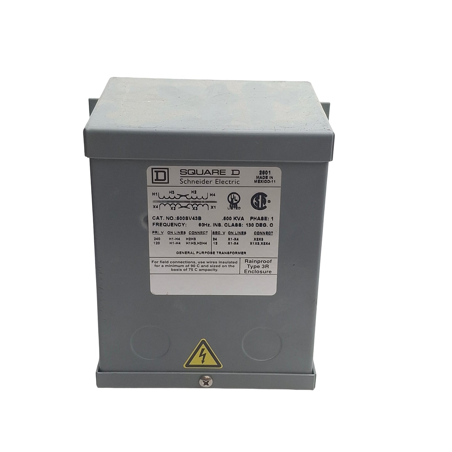 Used Sqaure D 500SV43B Buck Boost Transformer, 120x240V Pri, 12/24V Secondary, 0.5kVA