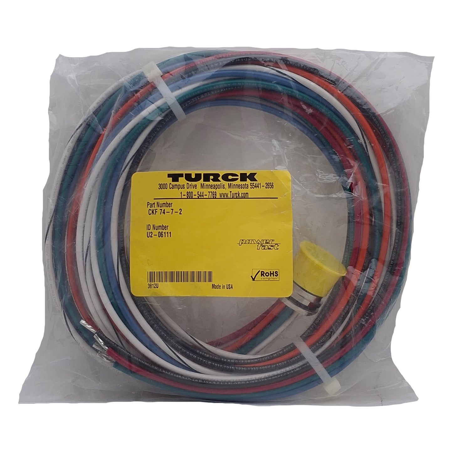 New – Open box Turck CKF 74-7-2 Power Receptacle Cordset, 7-Pin M23 PowerFast Female, 2m
