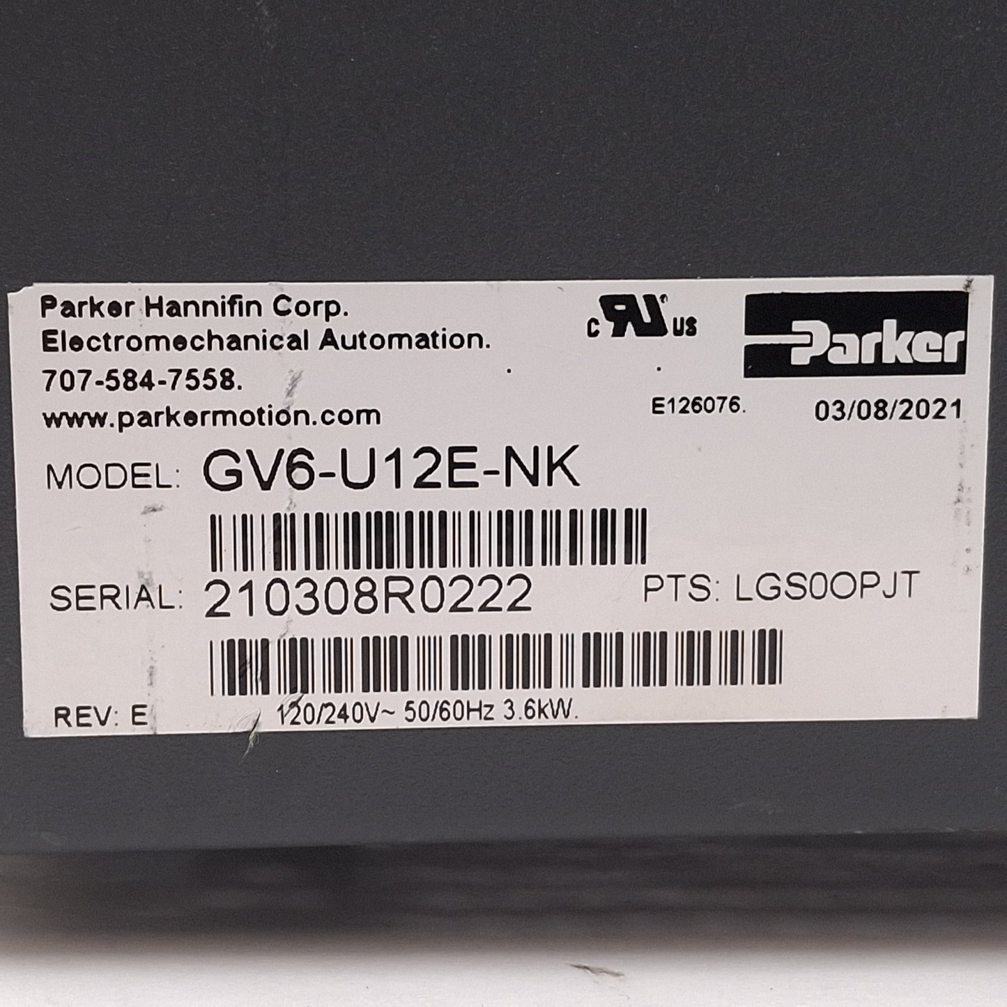 Used Parker GV6-U12E-NK Gemini GV Digital Servo Drive, 1-Axis, 3.6kW, 12A, 120/240VAC
