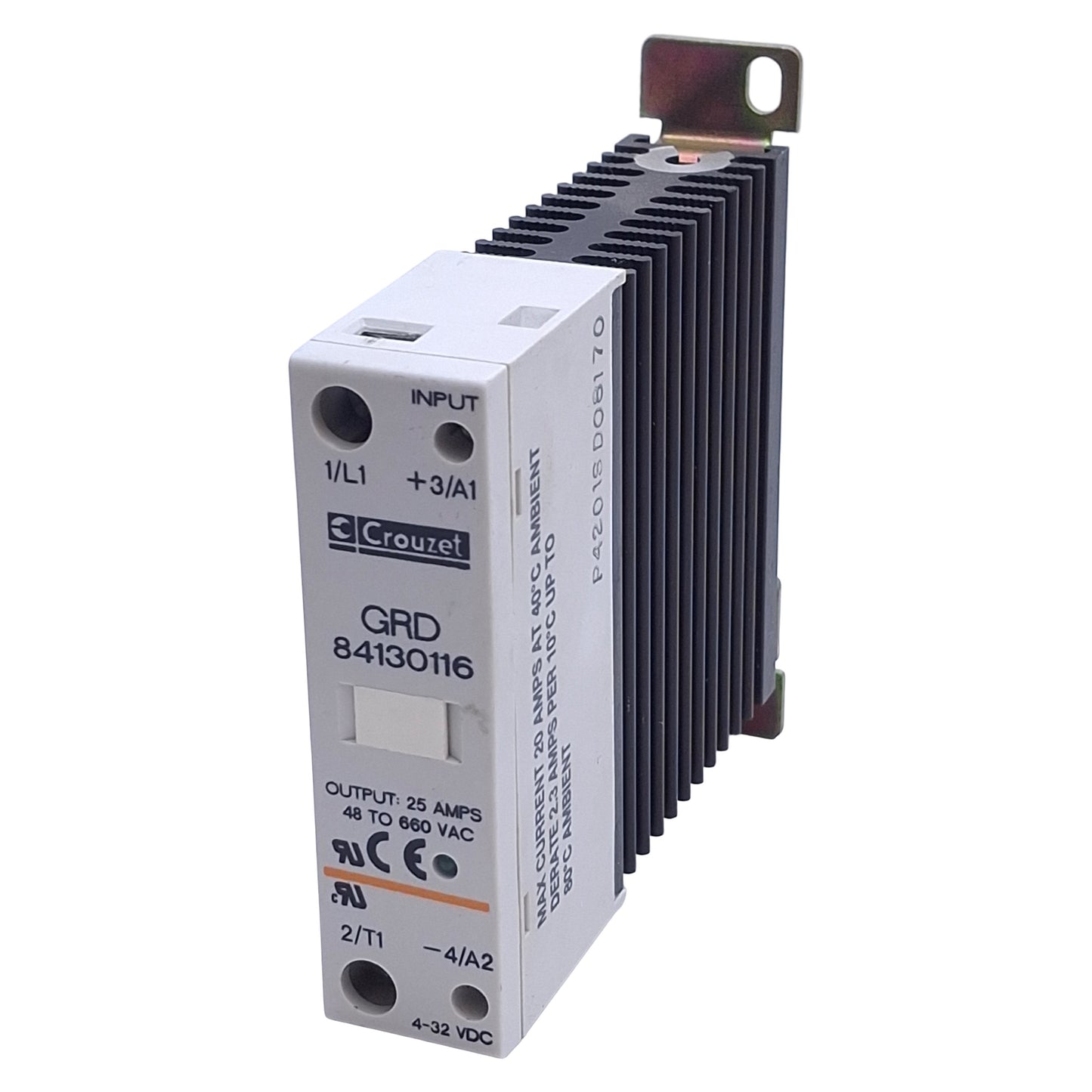 Used Crouzet 84130116 Solid State Relay, 4-32VDC In, 48-660VAC 25A Out, DIN Rail