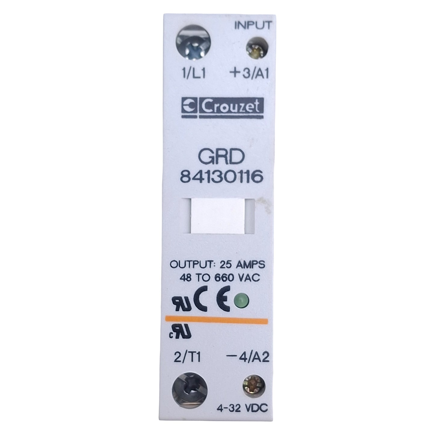 Used Crouzet 84130116 Solid State Relay, 4-32VDC In, 48-660VAC 25A Out, DIN Rail