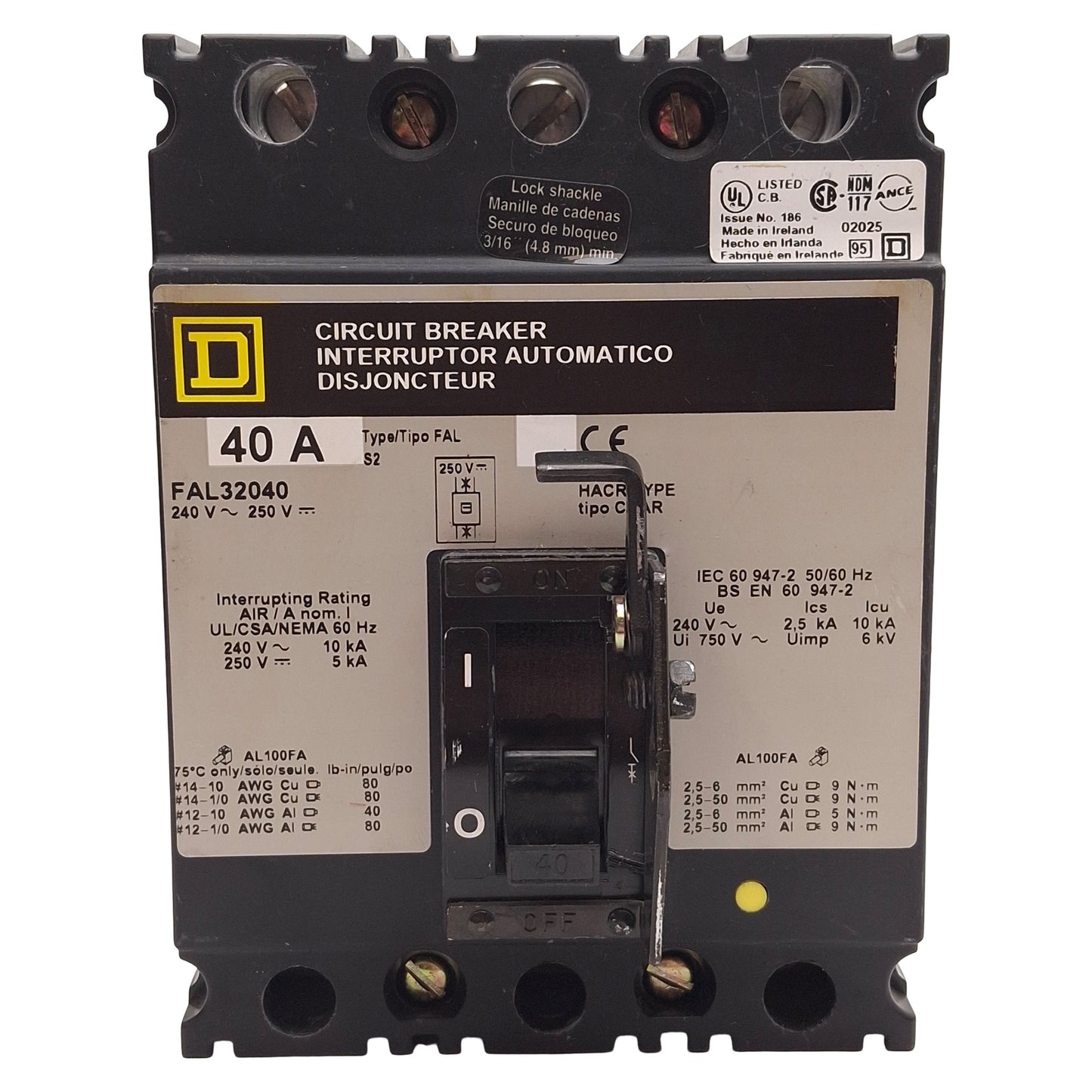 Used Square D FAL32040 Molded Case Circuit Breaker, 3-Pole, 40A, 240VAC/250VDC