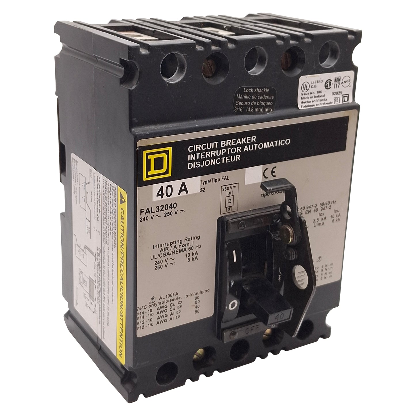 Used Square D FAL32040 Molded Case Circuit Breaker, 3-Pole, 40A, 240VAC/250VDC
