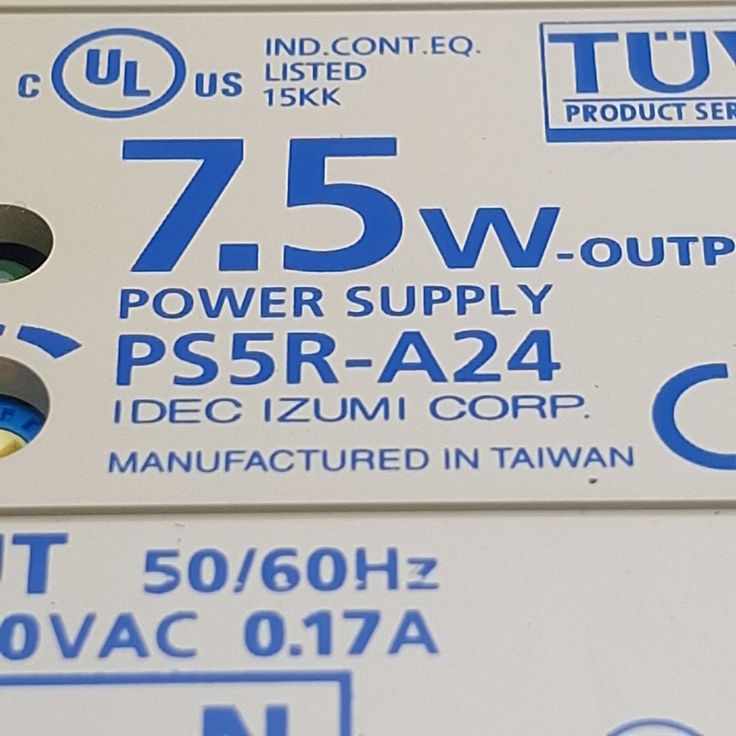 Used Idec PS5R-A24 Switching Power Supply 100-240VAC In, 24VDC 0.3A Out, DIN Rail
